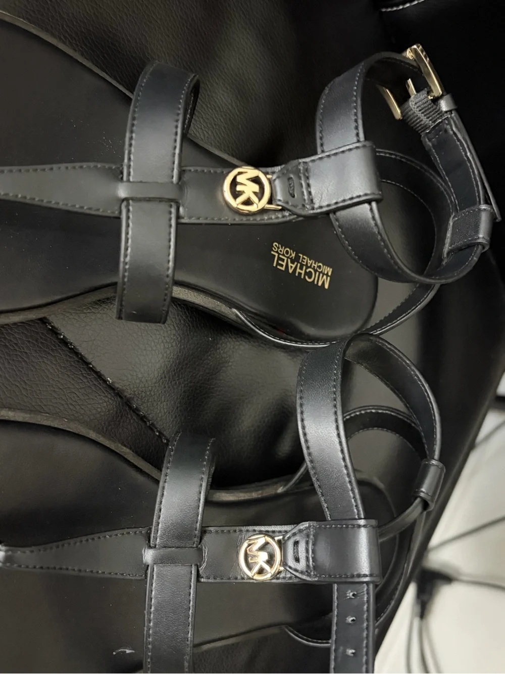 Michael Kors Black Leather T-Strap Sandals with Gold Logo